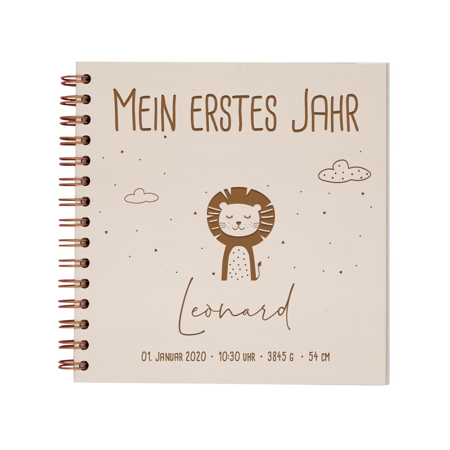 hello mini Babybuch „Mein erstes Jahr" – personalisierbar, Holz-Cover mit Gravur