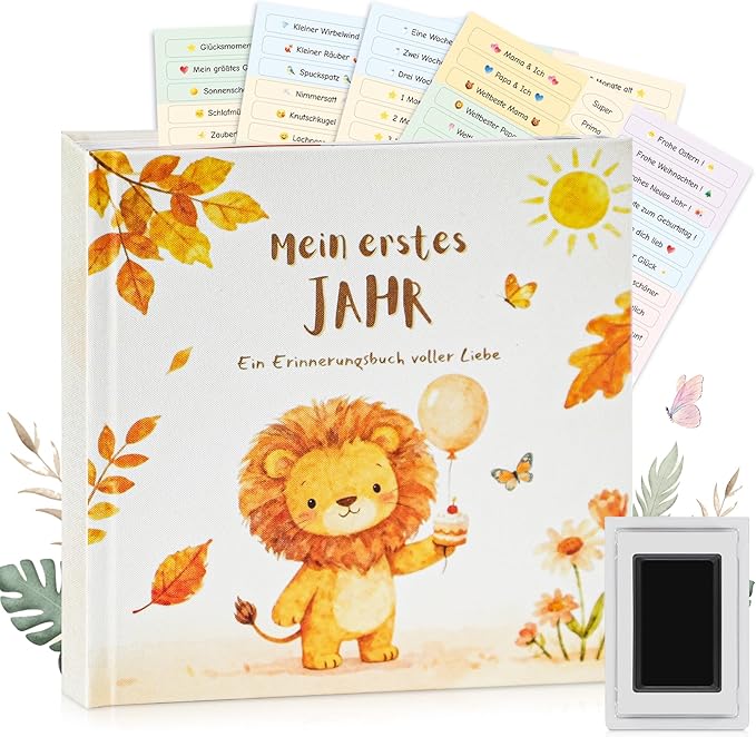 Babytagebuch „Mein erstes Jahr" Leinen mit Waldtieren – 88 Seiten & Abdruck-Set