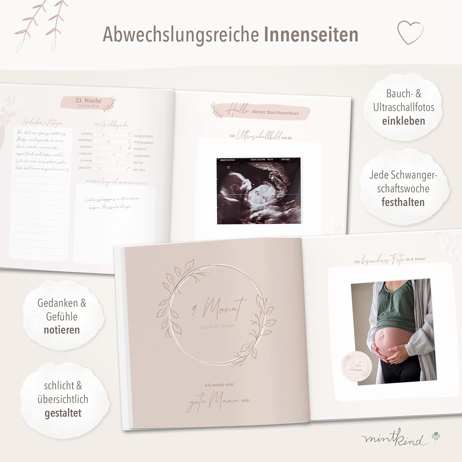 MINTKIND® Schwangerschaftstagebuch „Meine Schwangerschaft“ mit Sticker Set