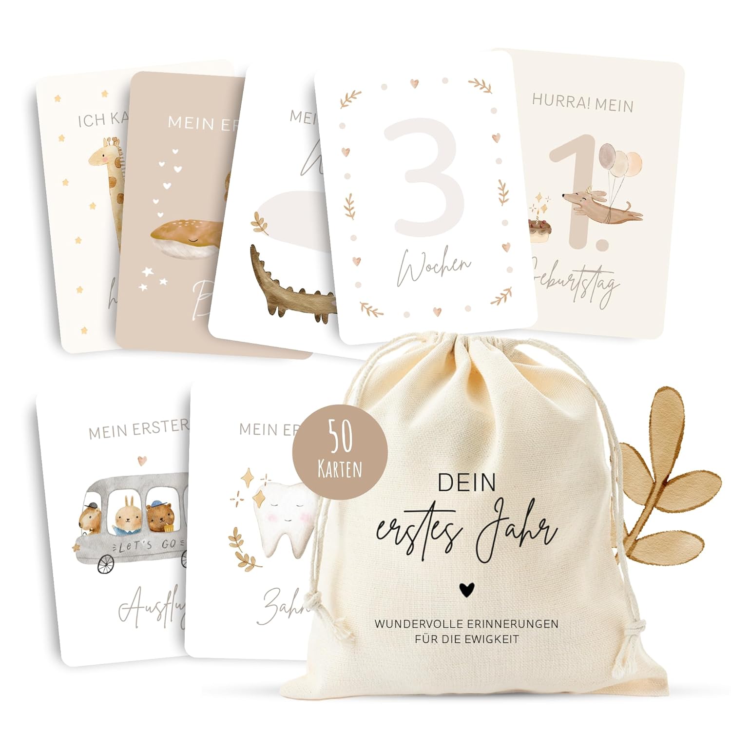 MeinBaby123 Meilensteinkarten „Dein erstes Jahr" – 50 Karten, Boho Beige