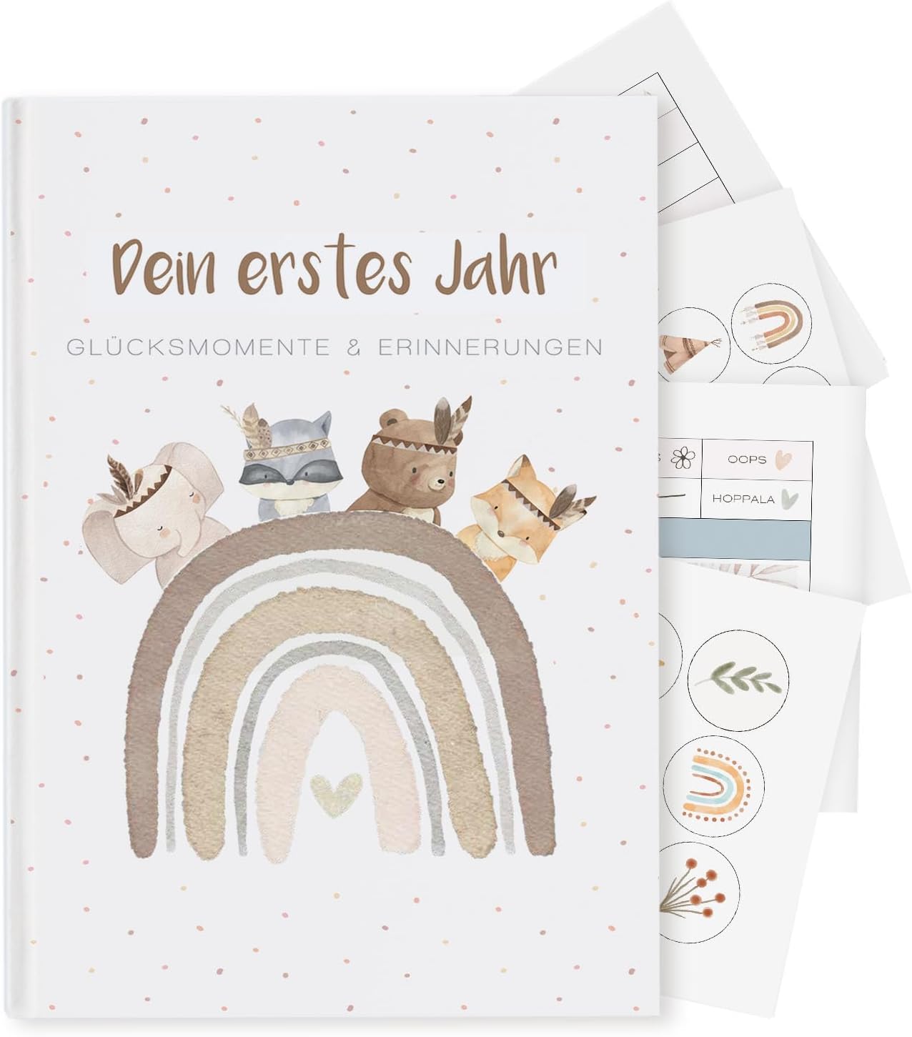 Cozy Racoon Babyalbum 'Mein erstes LebensJahr' - Boho Tiere Design mit 158 Stickern