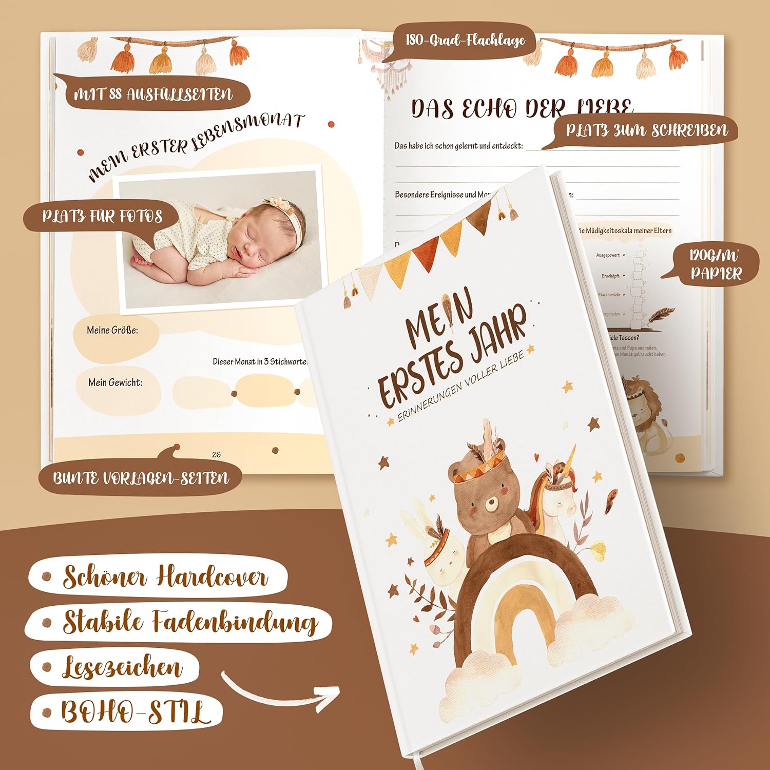 Mein erstes Jahr Babyalbum (Boho) - Einzigartiges Baby Erinnerungsbuch mit Stickern