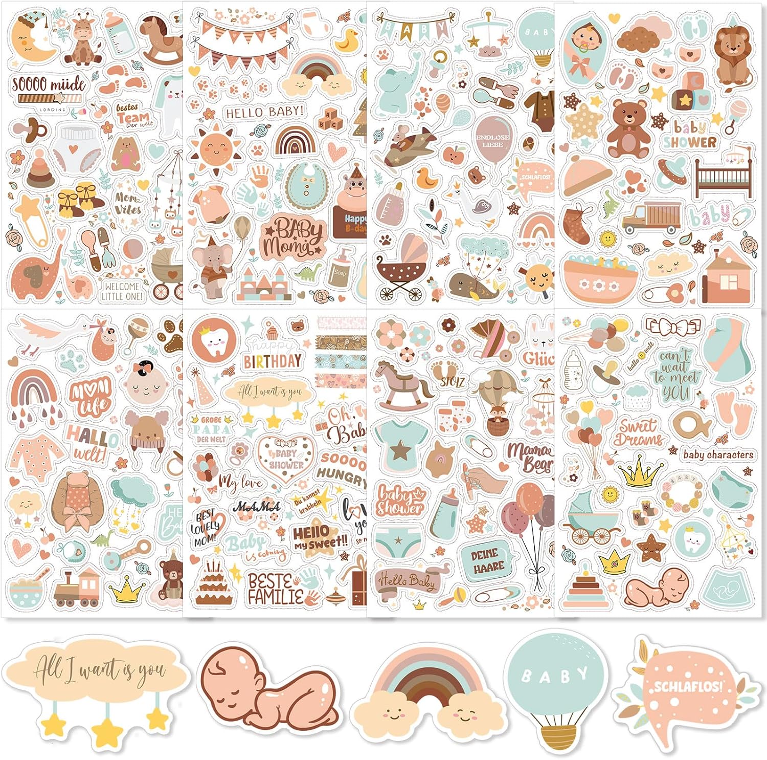 JANYUN 424 Stück Babyalbum Sticker, Baby Fotoalbum Sticker 8 Blatt DIY Kinder Fotoalbum Aufkleber Braun Baby Sticker für Fotoalbum Kalender Scrapbook Party Deko