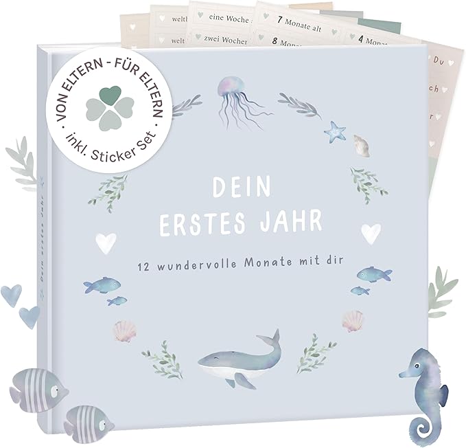mintkind Babyalbum „Mein erstes Jahr" Wal Blau – 176 Seiten & Sticker