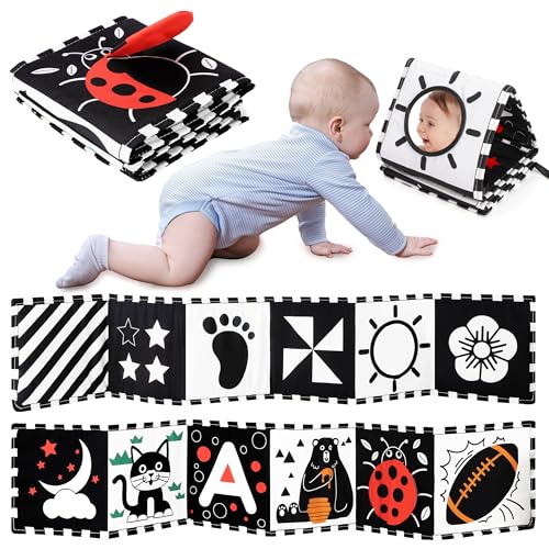 URMYWO Kontrastbuch Baby – Schwarz-Weiß Stoffbuch mit Spiegel