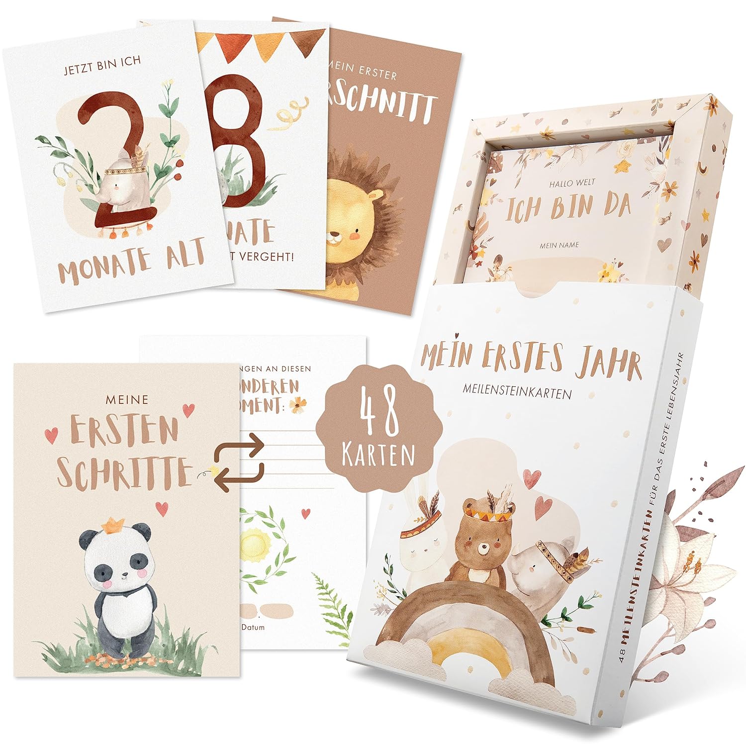 Eulentaler Meilensteinkarten Baby „Mein erstes Jahr" – 48 Karten, Boho