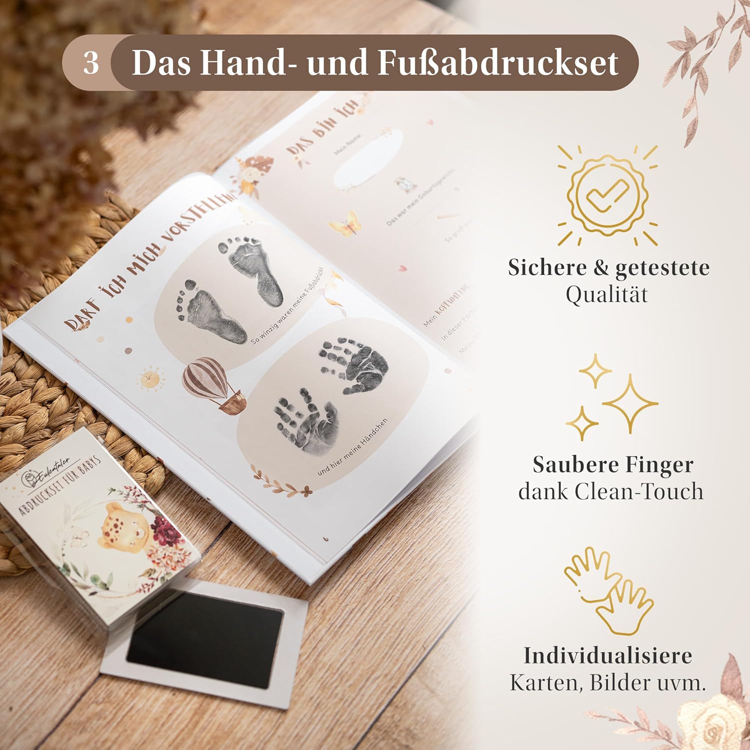 EULENTALER® Erinnerungsbox 3in1 - Babyalbum, Meilensteinkarten, Baby Abdruckset