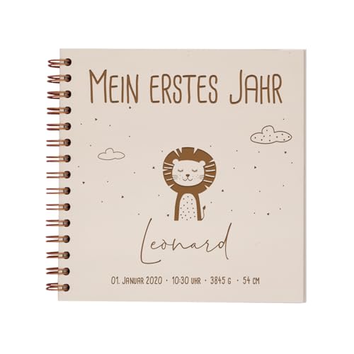 hello mini Babybuch „Mein erstes Jahr" – personalisierbar, Holz-Cover mit Gravur