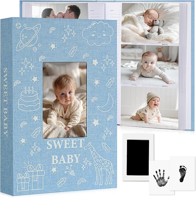 Baby-Fotoalbum 300 Fotos mit Memo-Bereich & Abdruck-Kit, Leinen Blau