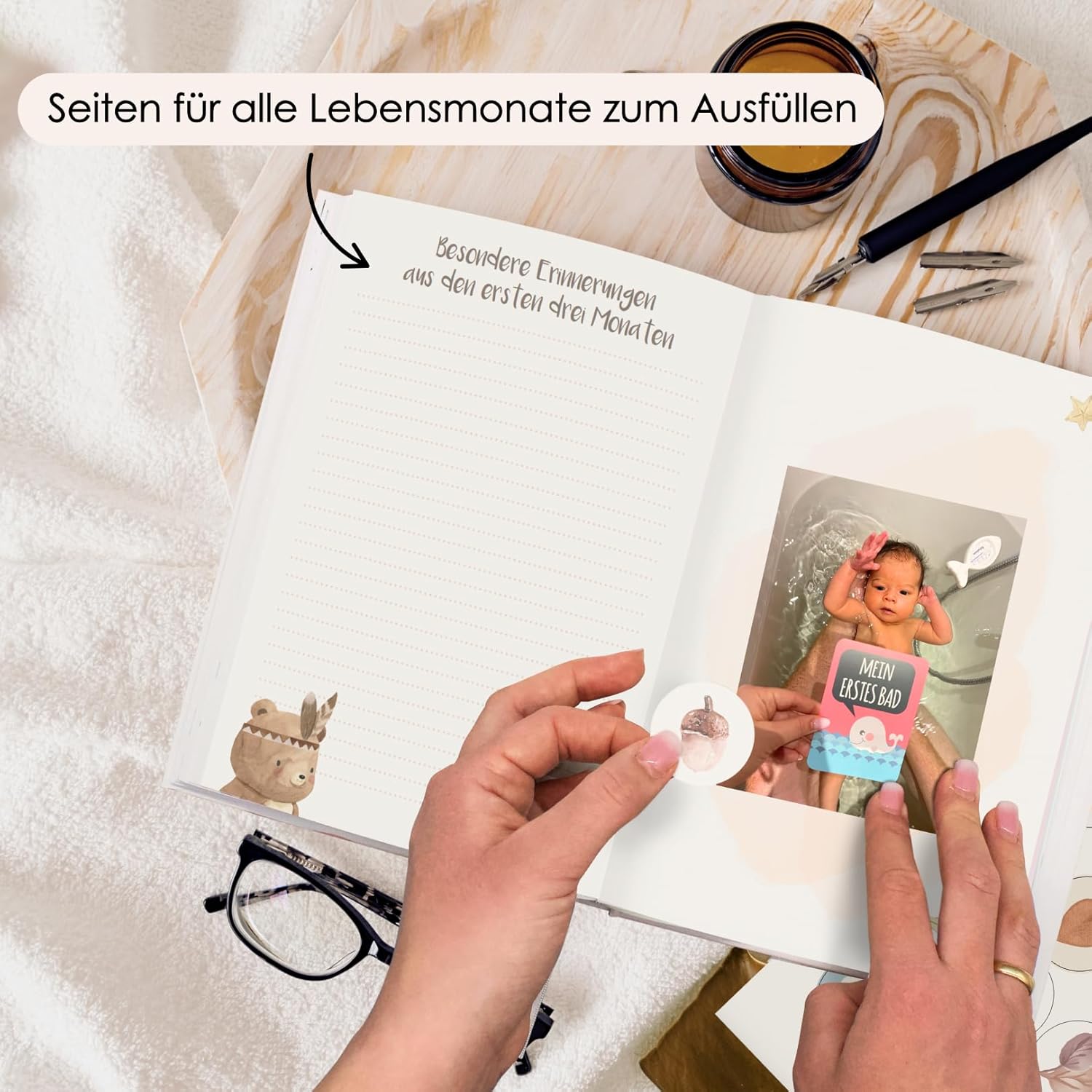 Cozy Racoon Babyalbum 'Mein erstes LebensJahr' - Boho Tiere Design mit 158 Stickern