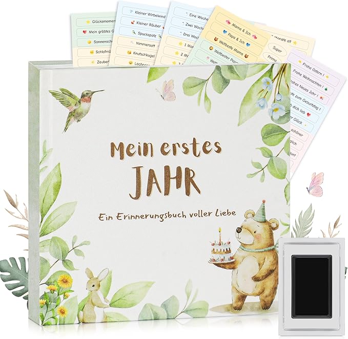 Babytagebuch „Mein erstes Jahr" Leinen mit Waldtieren – 88 Seiten & Abdruck-Set