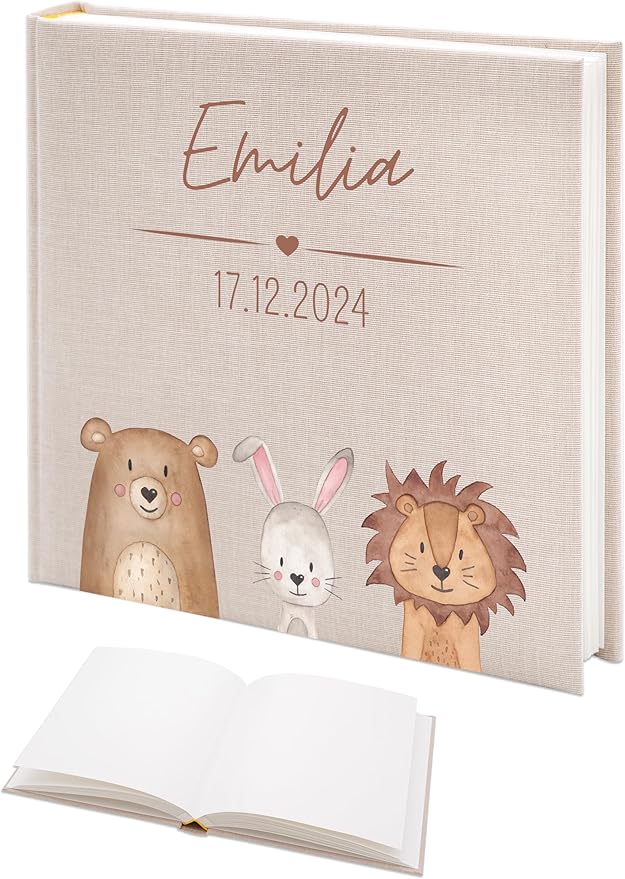wunderwunsch Baby-Fotoalbum aus Leinen, personalisierbar – Tier-Motiv