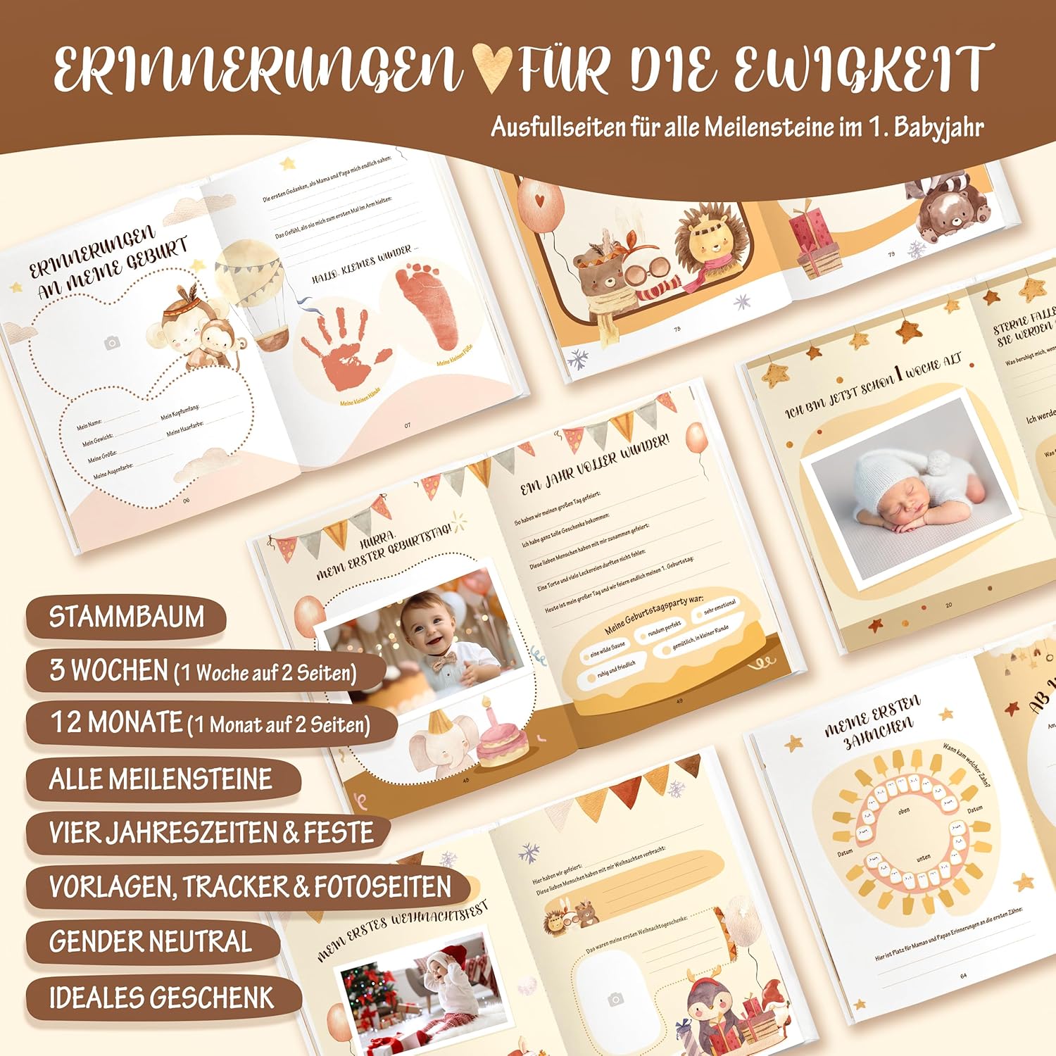 Mein erstes Jahr Babyalbum (Boho) - Einzigartiges Baby Erinnerungsbuch mit Stickern