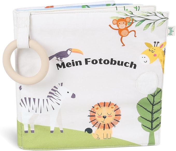 Petinard Baby-Stofffotoalbum „Safari" aus Bio-Baumwolle, mit Beißring
