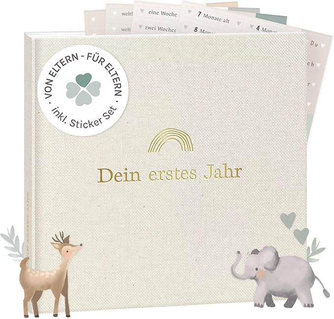 mintkind Babyalbum „Mein erstes Jahr" Beige Leinen – 176 Seiten & Sticker