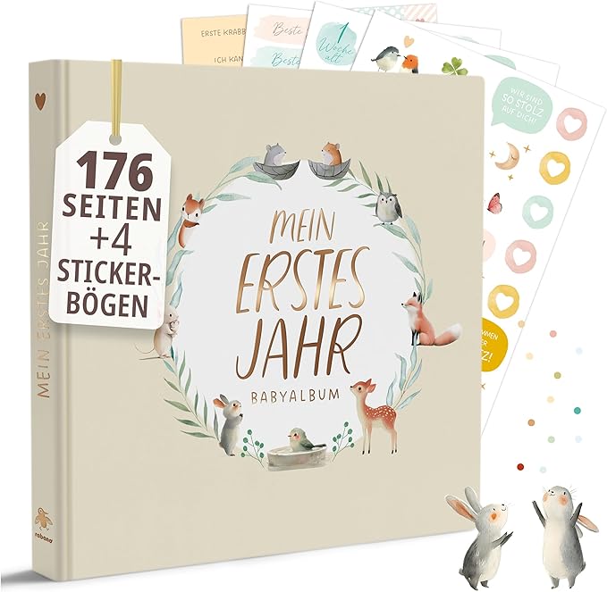 Premium Babyalbum „Mein erstes Jahr" Natur – 176 Seiten, Goldprägung