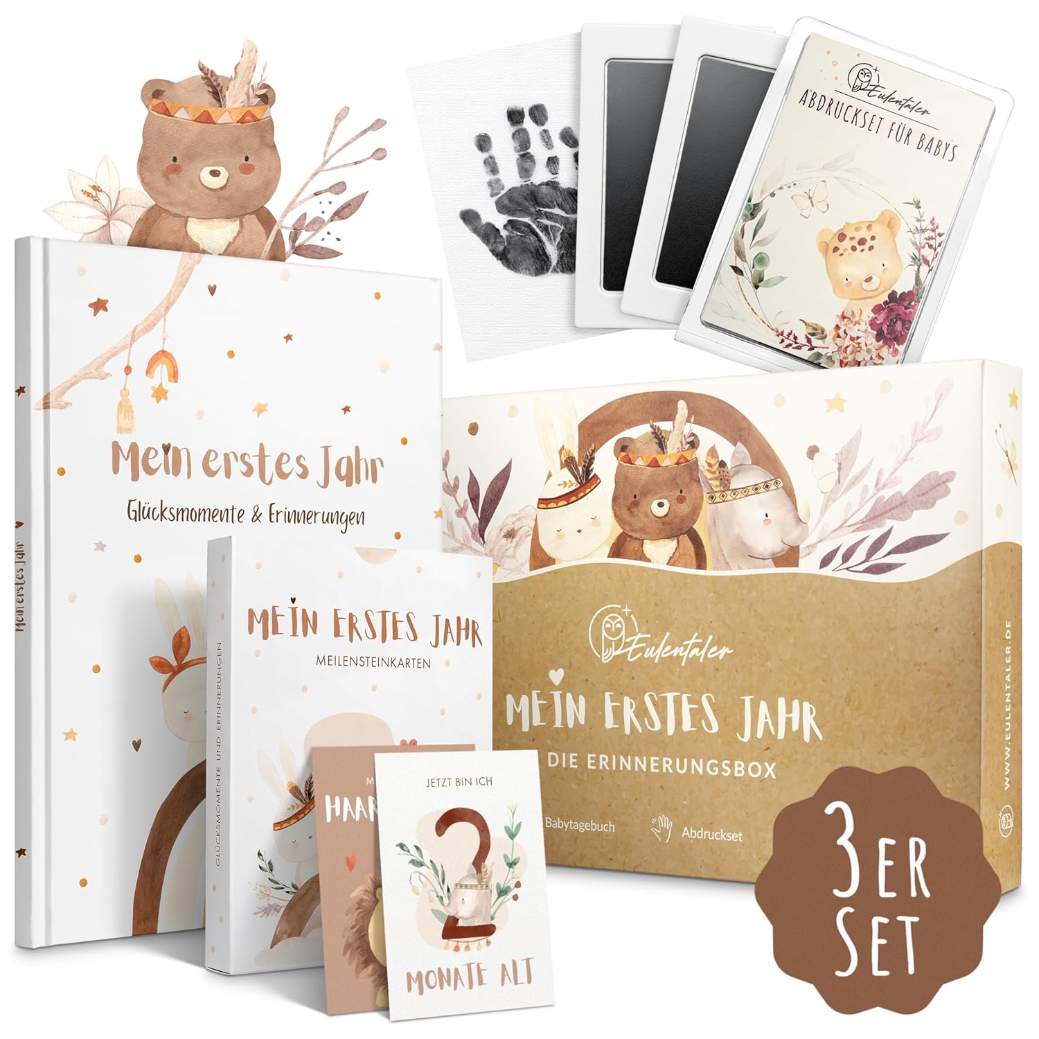 EULENTALER® Erinnerungsbox 3in1 - Babyalbum, Meilensteinkarten, Baby Abdruckset