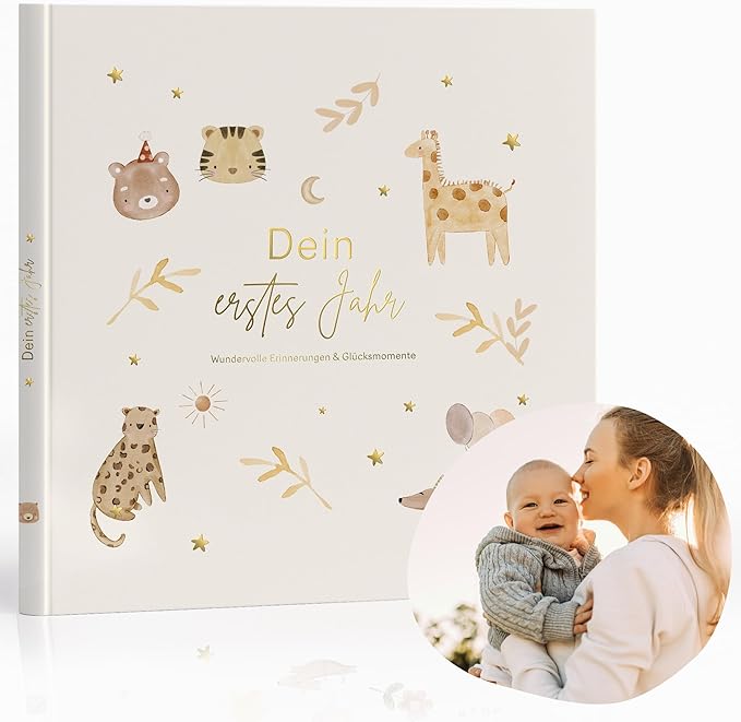 MeinBaby123 Babyalbum „Dein erstes Jahr" vergoldet – 136 Seiten, Boho Beige