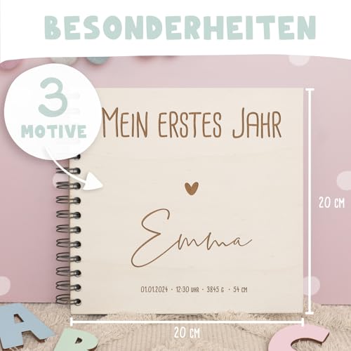 hello mini Babybuch „Mein erstes Jahr" – personalisierbar, Holz-Cover mit Gravur