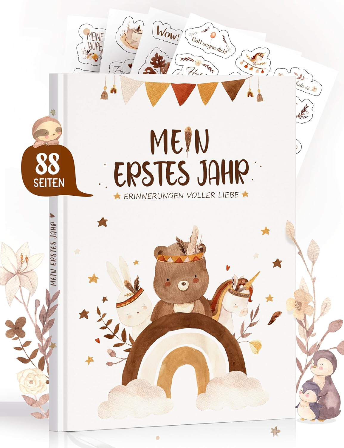 Mein erstes Jahr Babyalbum (Boho) - Einzigartiges Baby Erinnerungsbuch mit Stickern