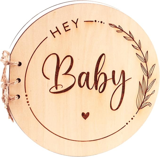 Babyparty-Gästebuch „Hey Baby" mit Holzeinband – Blanko Seiten