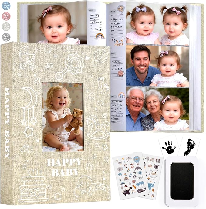 Baby-Fotoalbum 300 Fotos mit Memo & Abdruck-Kit – Leinen Beige
