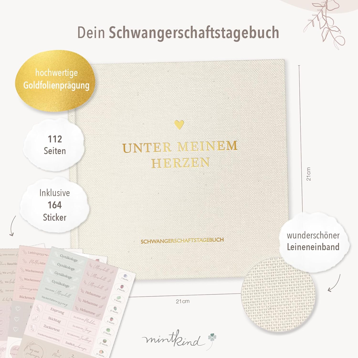 MINTKIND® Schwangerschaftstagebuch „Meine Schwangerschaft“ mit Sticker Set