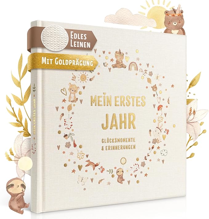 Eulentaler Babyalbum „Boho" – Echtes Leinencover mit Goldprägung