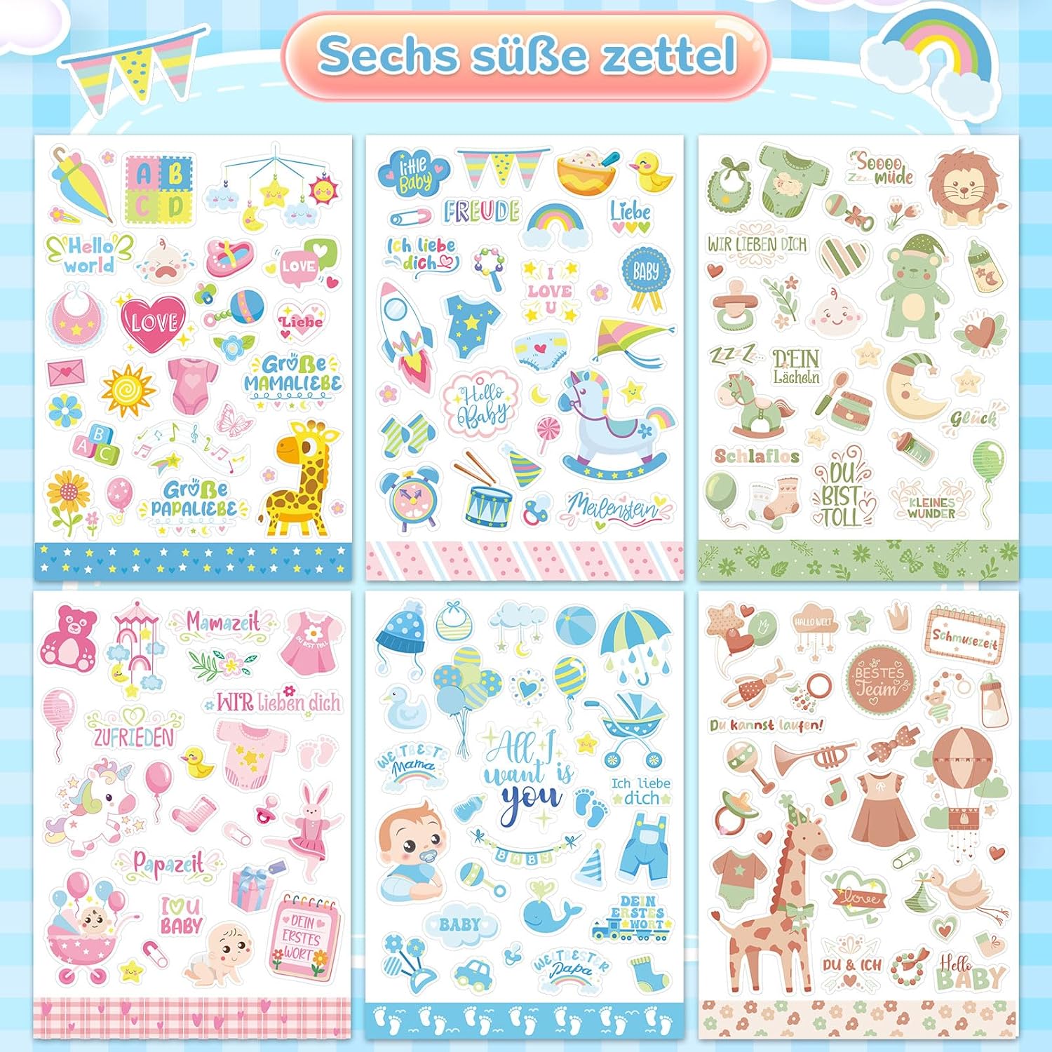HOWAF Babyalbum Sticker Set - 6 Bögen, 200+ Aufkleber