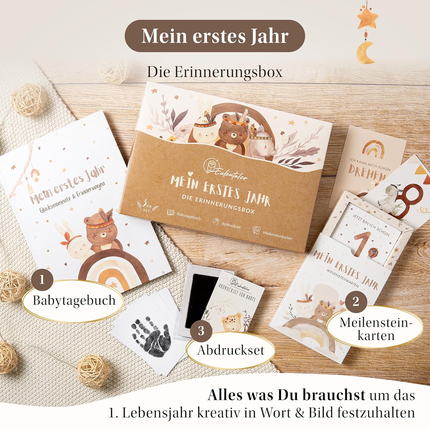 EULENTALER® Erinnerungsbox 3in1 - Babyalbum, Meilensteinkarten, Baby Abdruckset