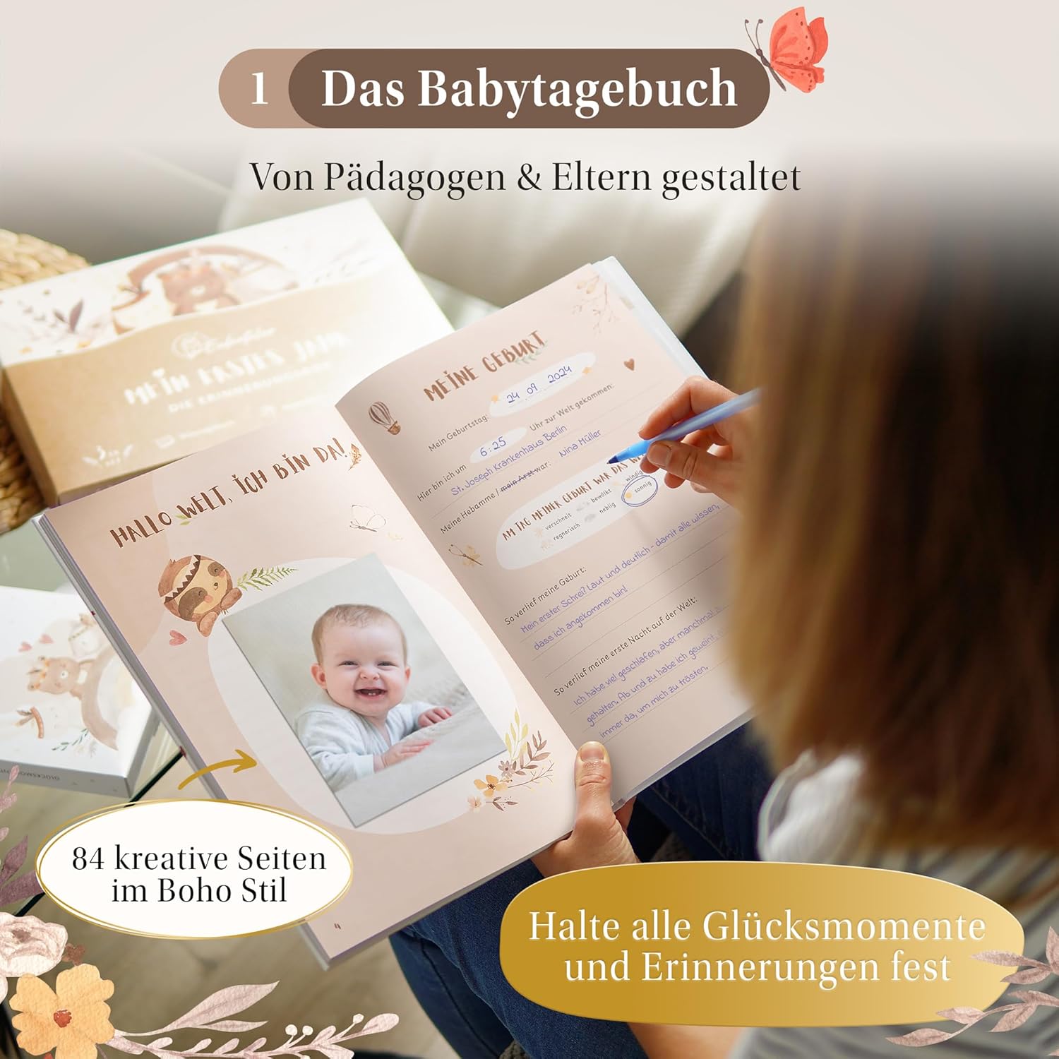 EULENTALER® Erinnerungsbox 3in1 - Babyalbum, Meilensteinkarten, Baby Abdruckset