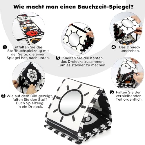 URMYWO Kontrastbuch Baby – Schwarz-Weiß Stoffbuch mit Spiegel