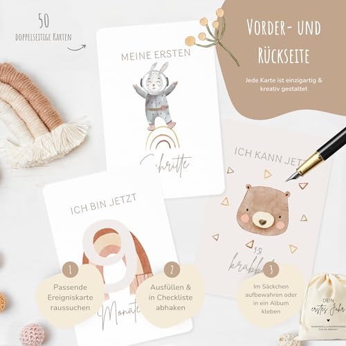 MeinBaby123 Meilensteinkarten „Dein erstes Jahr" – 50 Karten, Boho Beige
